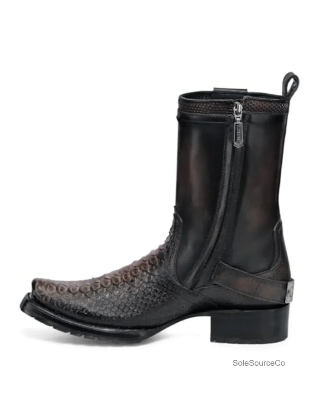 Python Leather Biker Boots Side Zip Almond Toe Cuban Heel Mid Calf